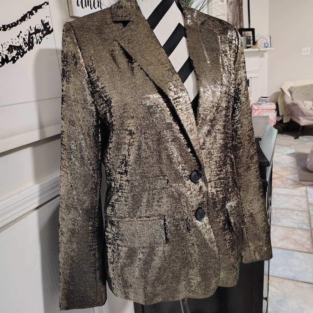 French Connection $179 Alara Metallic Notch Collar Blazer Gold Women's 4 Glam - Picture 6 of 13